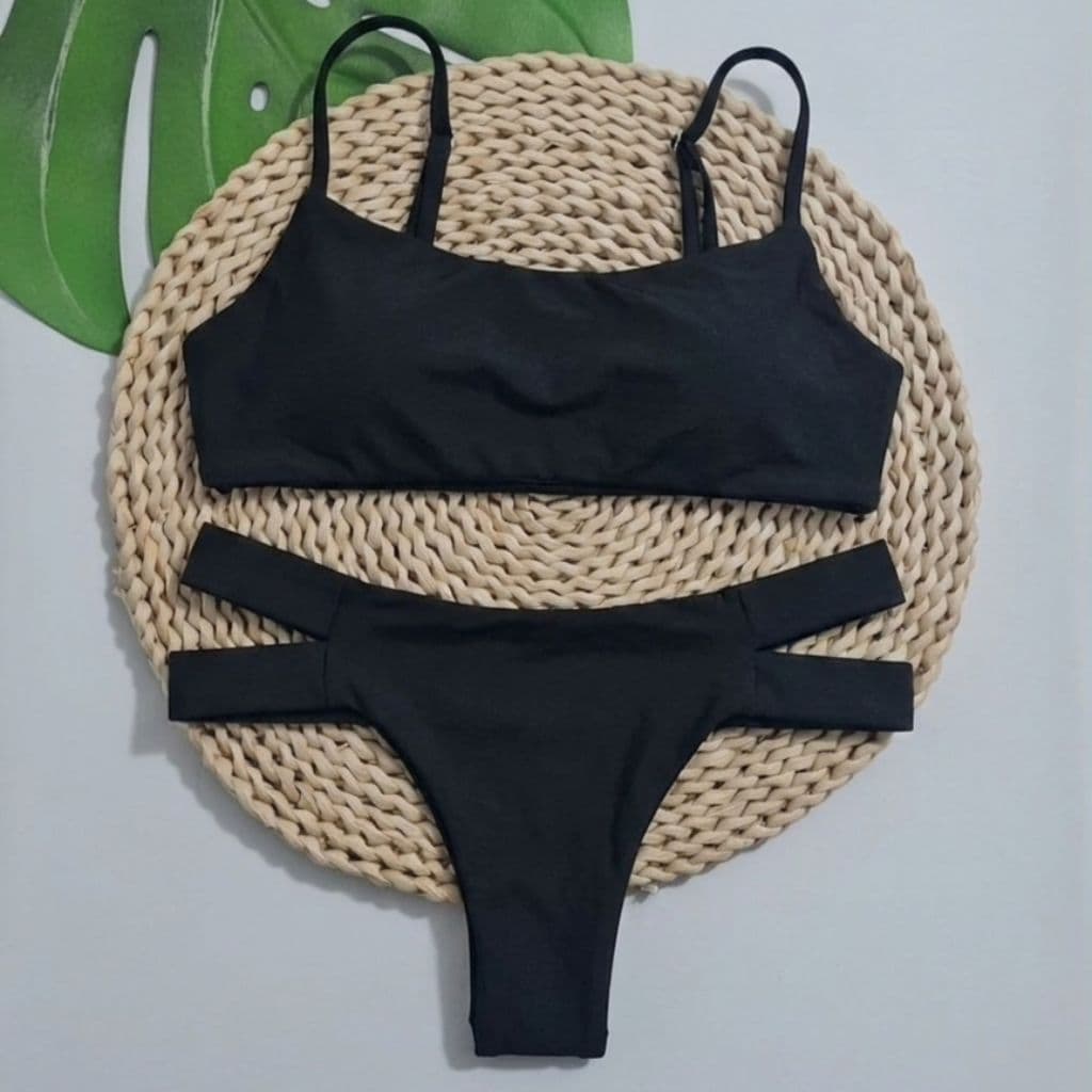 Biquíni Marrom Conjunto Top Simples Caribe Com Calcinha 2 Tiras Laterais Cintura Média Fio Duplo Poliamida