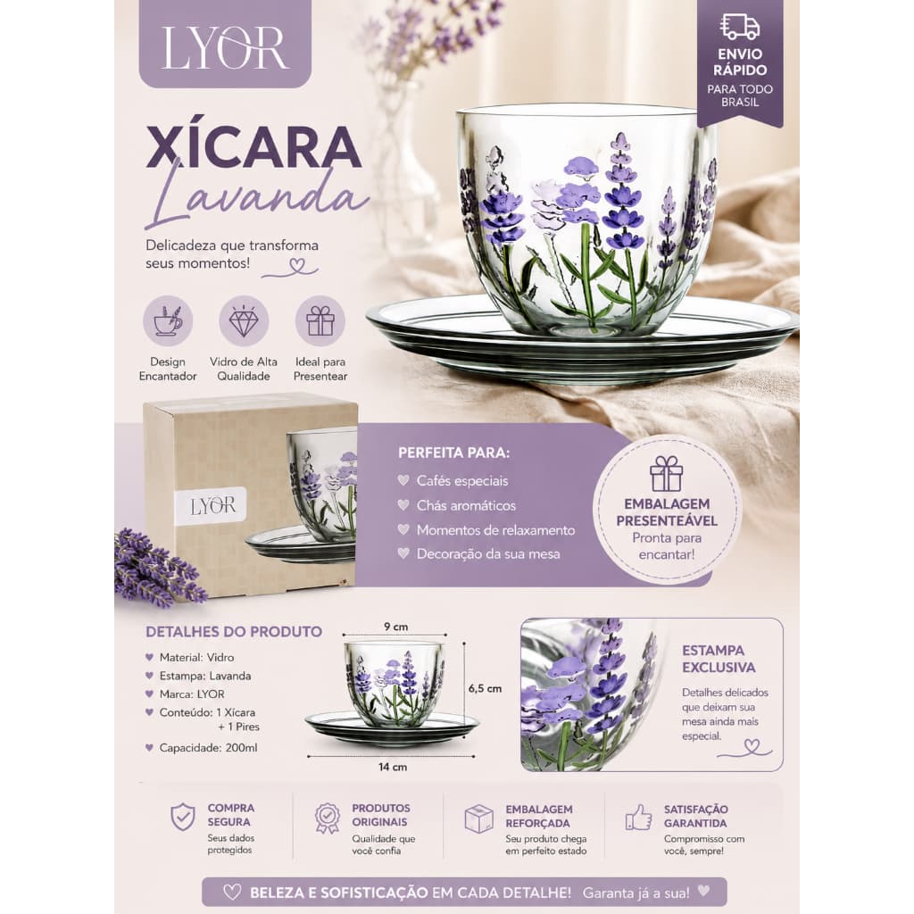 Xícara com Pires Lyor Lavanda 80ml Elegância Delicadeza para seu Café Brunch Jantar
