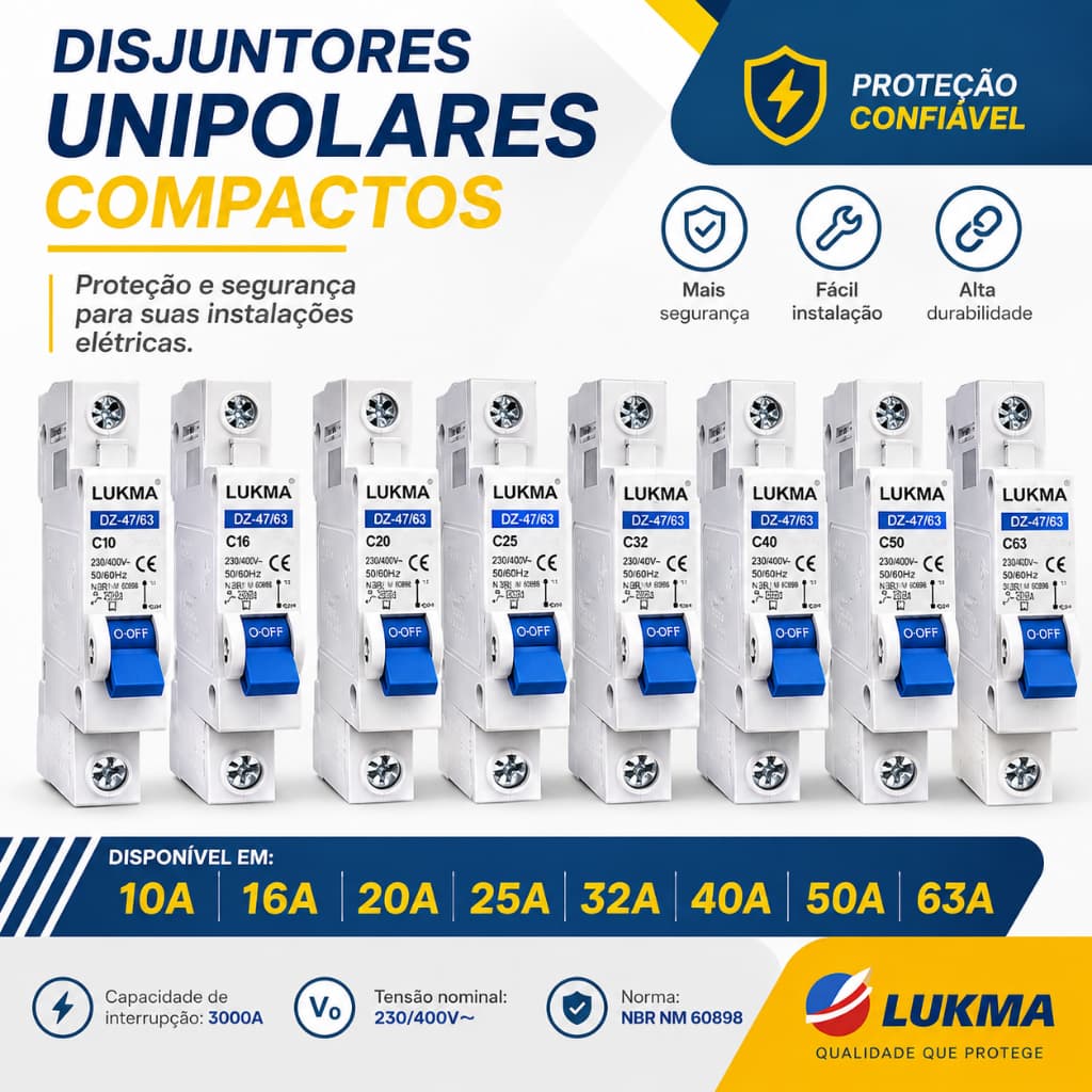 Disjuntor Unipolar Lukma 10A 16A 20A 32A 40A 50A 63A Homologado Dijuntor Proteção Elétrica