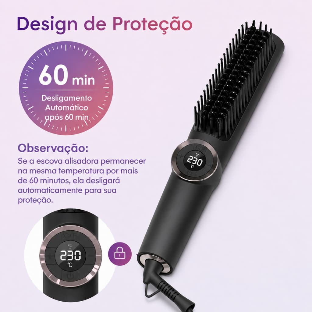 Escova Alisadora Cabelo Feminina Elétrica Pente Térmico LCD 230 Graus Cerâmica Anti Frizz Bivolt
