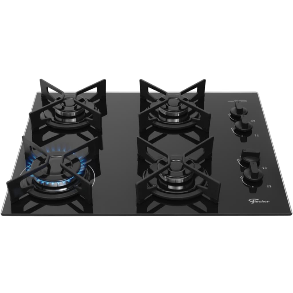 Cooktop a Gás Fischer 4 Bocas Fit Line Trempe Iron Vidro Preto Bivolt