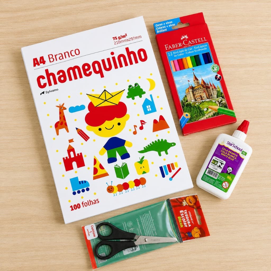 KIT Escolar Chamex 100 Folhas Tesoura Léo e Léo Colar Starlux Lápis de Cor Faber Castell