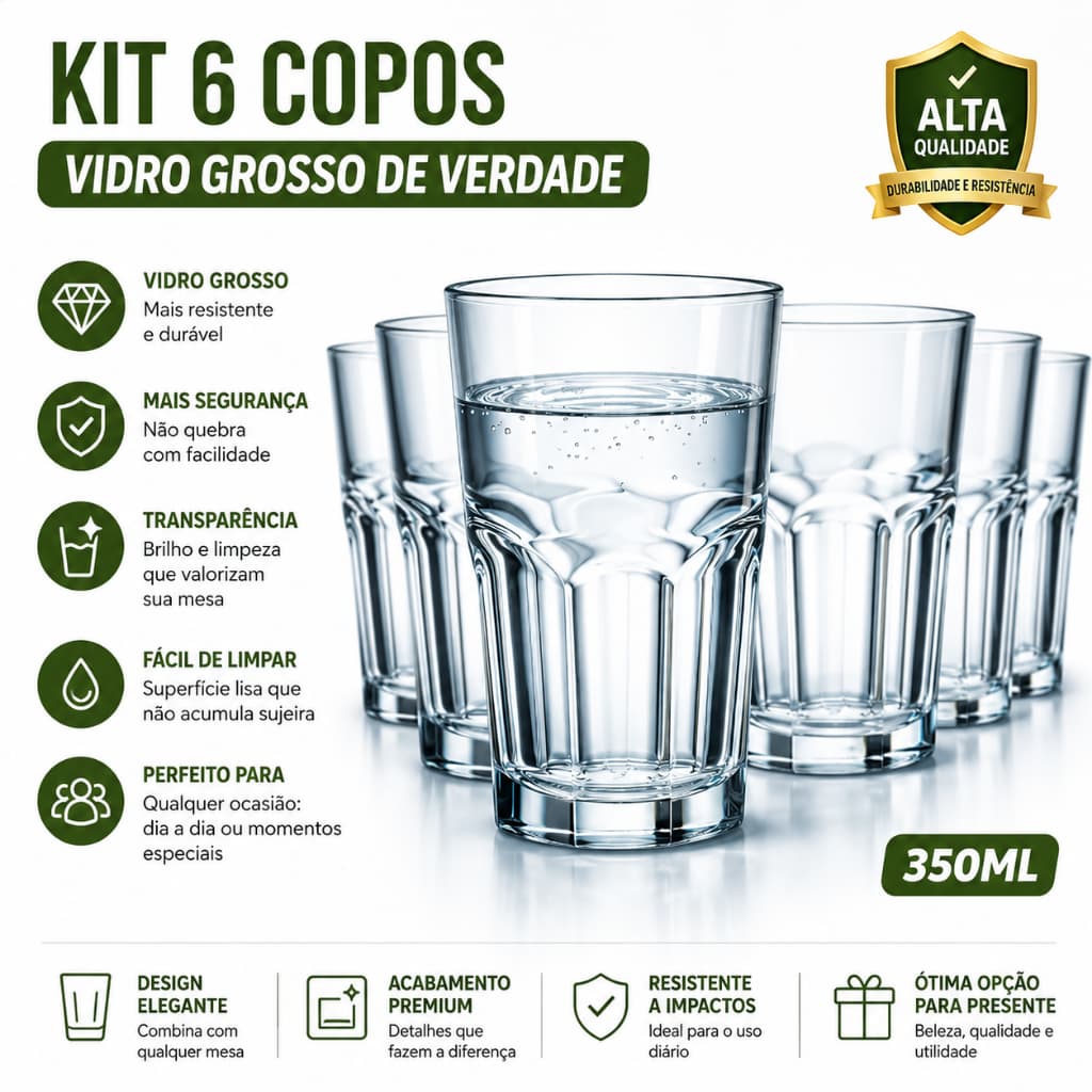 Kit 6 Copos de Vidro Facetado 350ml Ideal Para Água Suco Drink Vidro Grosso Resistente