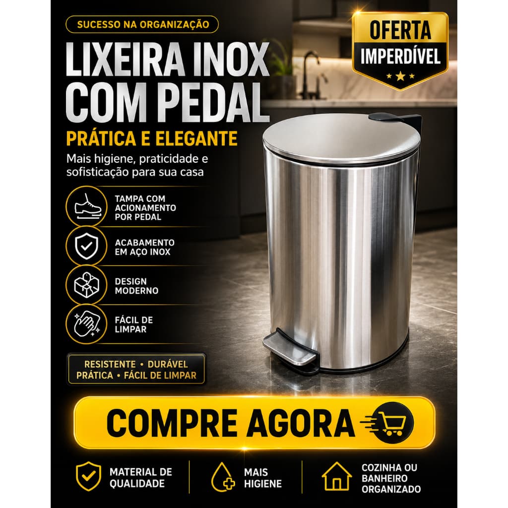 Lixeira Inox 12L Redonda com Pedal, Design Slim para Cozinha, Banheiro e Escritório