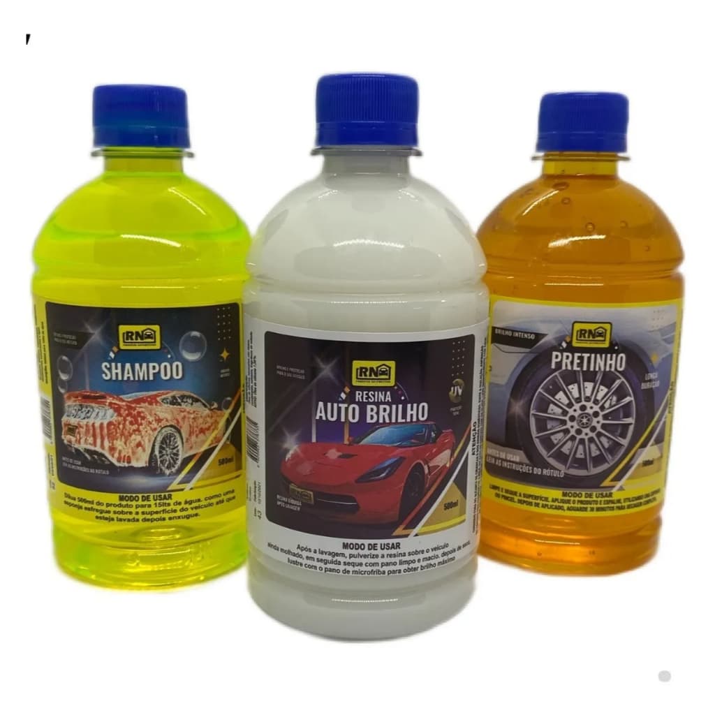 Kit Lavagem Auto Carro Moto Shampoo Concentrado + Cera Liquida + Pneu Pretinho Baba Camelo 500ml