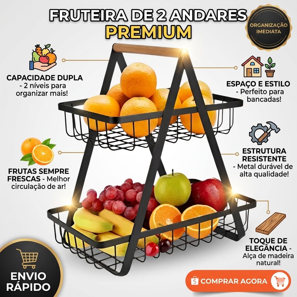 Fruteira 2 Andares em Metal Preto Organizador de Bancada Cesto para Frutas Legumes Verduras Cozinha Moderna