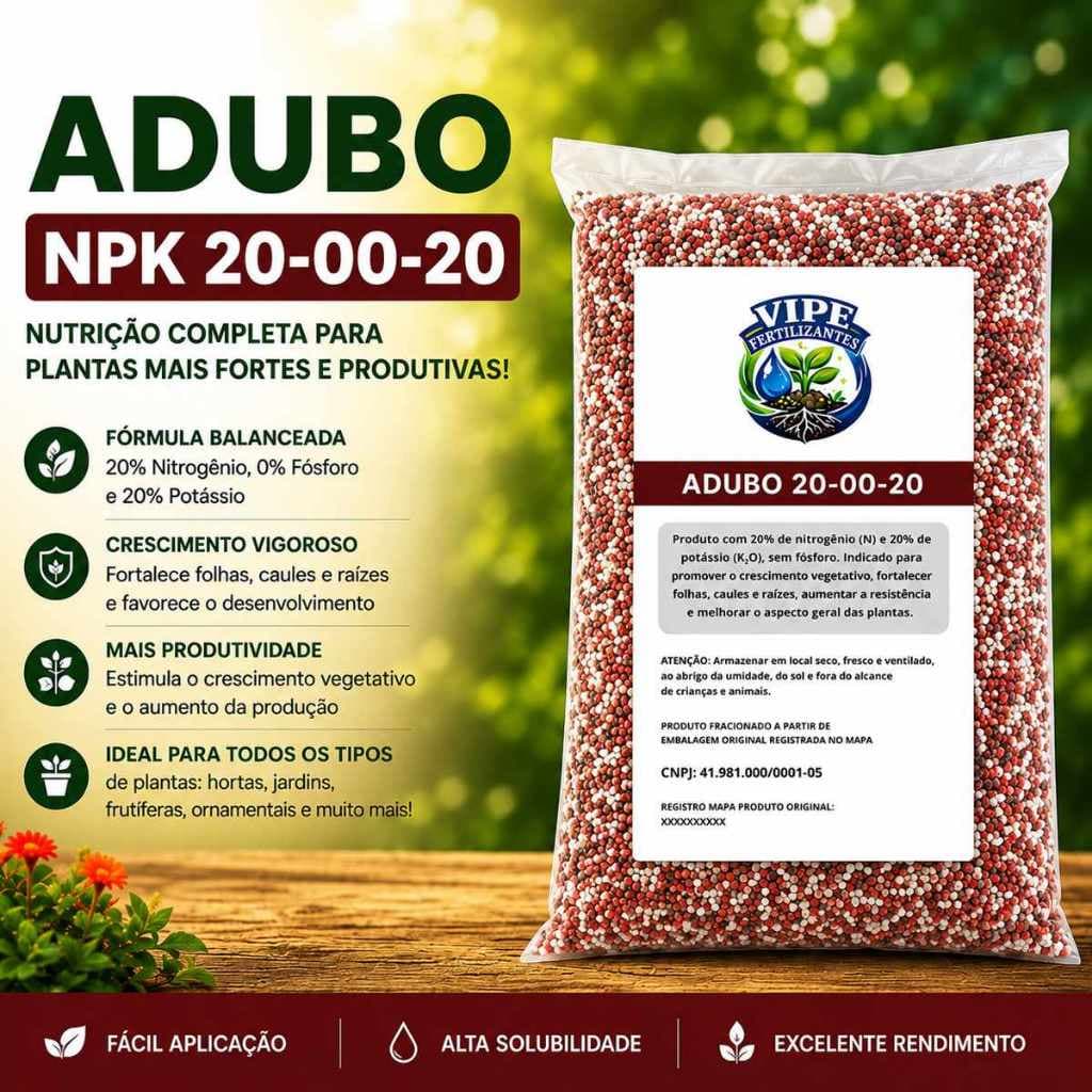 Adubo NPK 20-00-20 Fertilizante Premium Para Plantas Hortas Jardins Frutíferas Flores Alto Rendimento