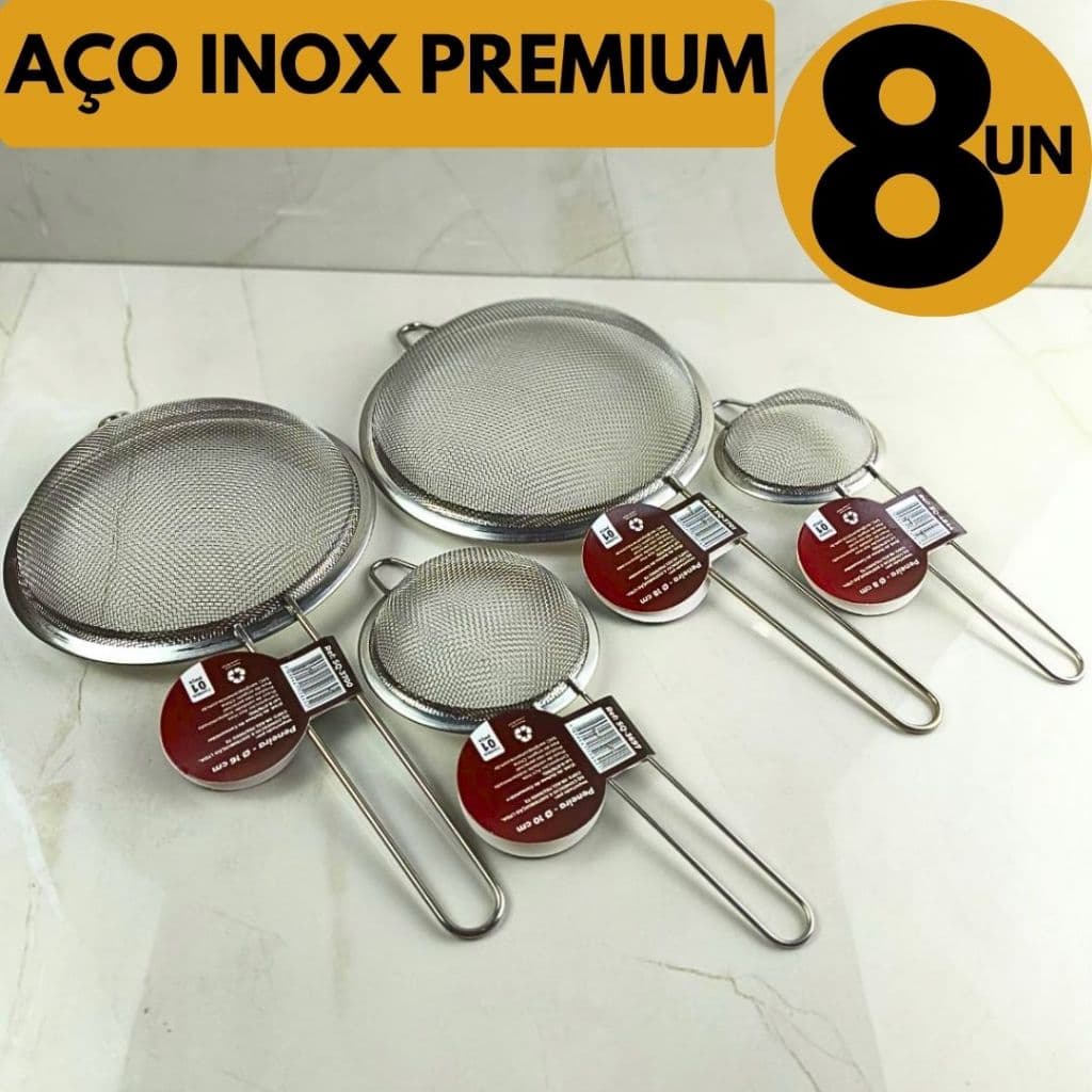 Jogo 8 Peneira Aço Inox Profissional Filtra Farinha Sucos Malha Fina Eficiente Cozinha Restaurante