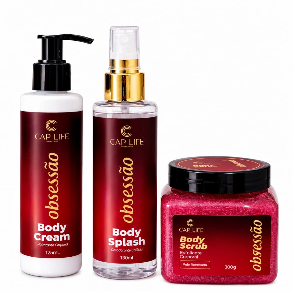 Kit 3 Completo Obsessão Cap Life Creme Corporal + Body Splash + Esfoliante Feminino Cheiroso