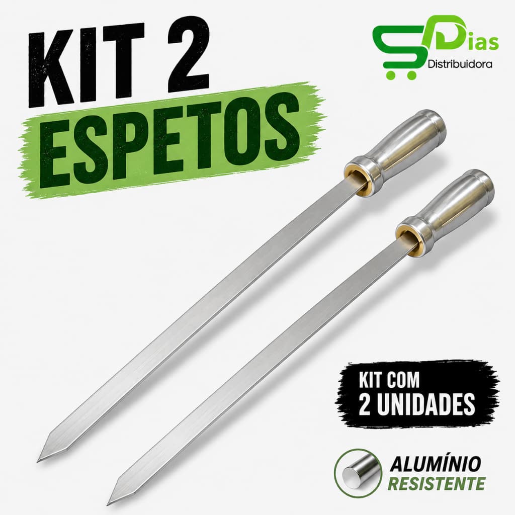 Espeto Chato Largo Alumínio Kit 2 Peças Cabo Revestido Não Enferruja Churrasqueira 50 a 90cm