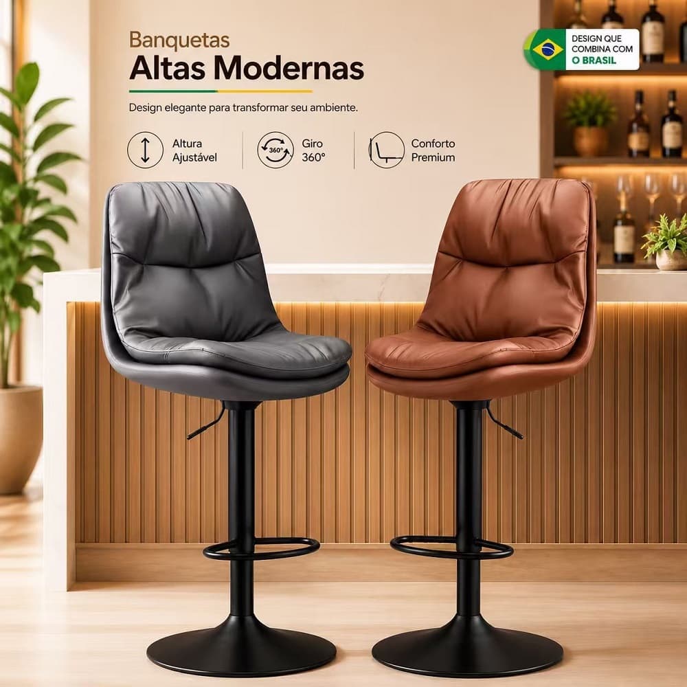 Banqueta de Balcão Luxo Discreta | Altura Ajustável Rotação 360° Assento  banco de pés altos