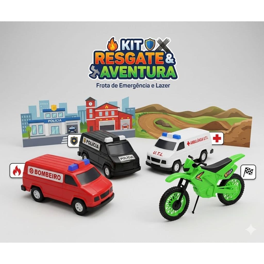 Brinquedos Combo Resgate e Aventura -  Bombeiro, Polícia, Ambulância UTI e Moto
