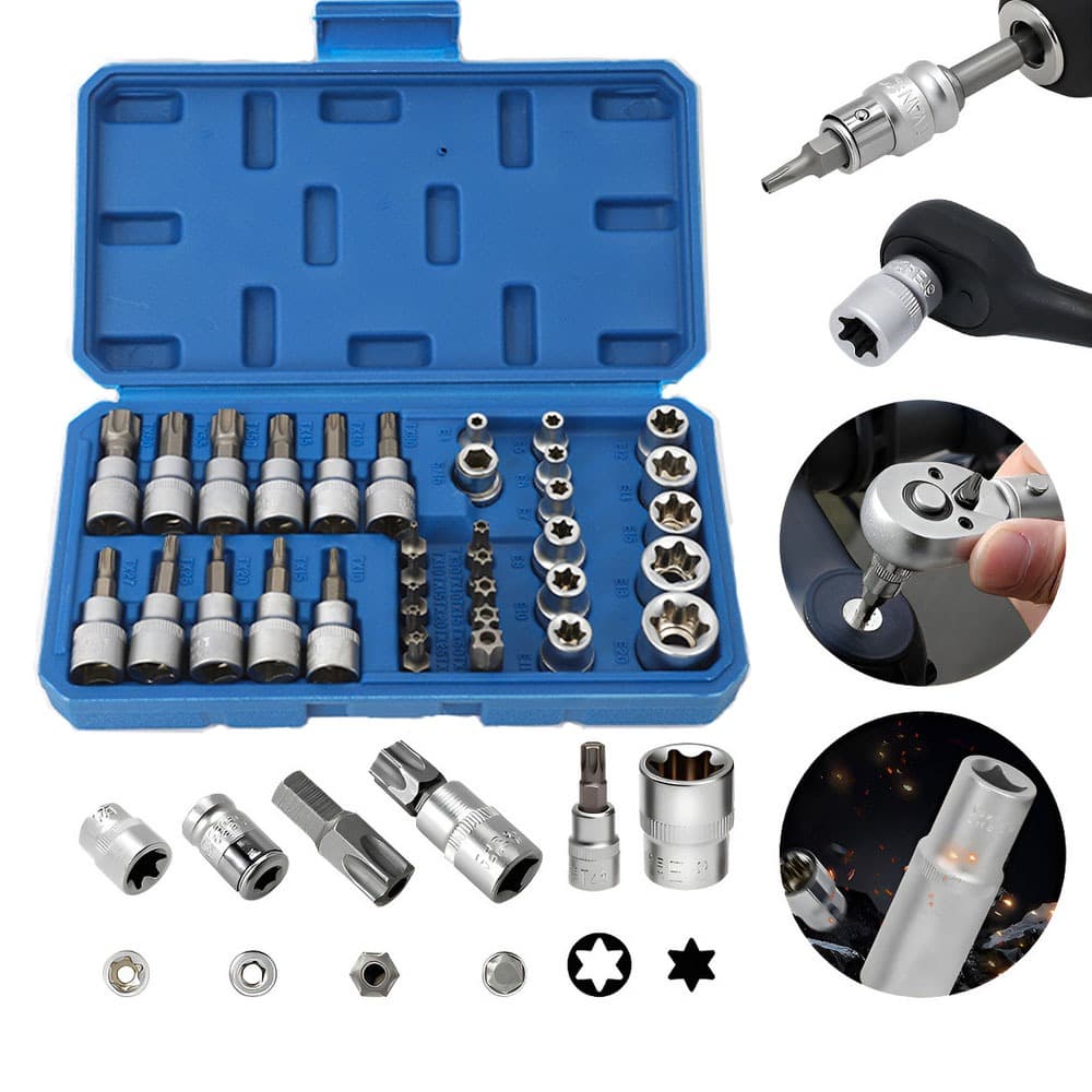 Kit Chave Torx M75 34 Peças Soquetes Aço Cromo-Vanádio 3/8" 5/16"com Azul caixa Ferramenta Manual Segura para Perfuração