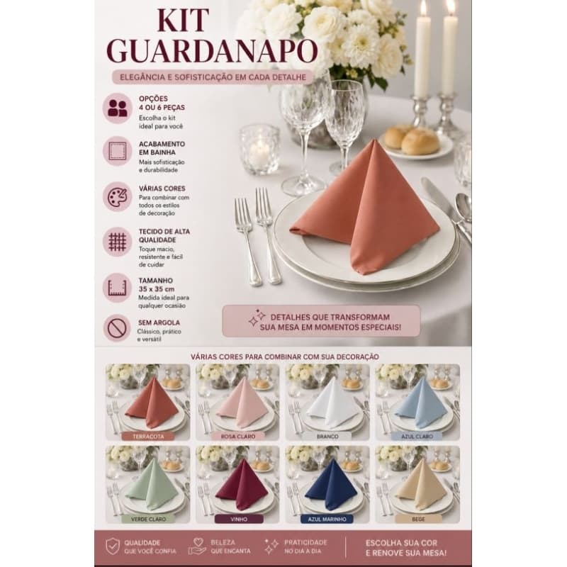 Kit Guardanapos de Mesa Posta 35x35 cm – Diversas Cores – 4 ou 6 Unidades