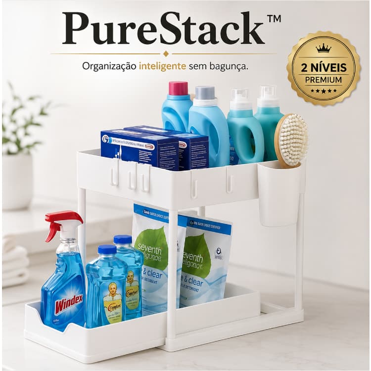 PureStack™ Organizador Multiuso 2 Níveis Com Bandeja Corrediça Branco