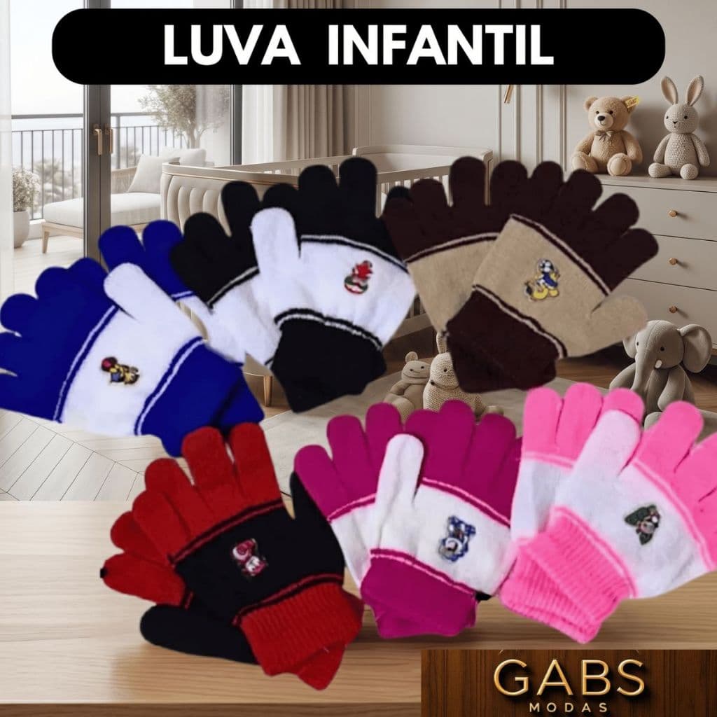kit 2 Pares Luvas Infantil Inverno lã  Elástica Unissex Confortável Macia Menina Menino