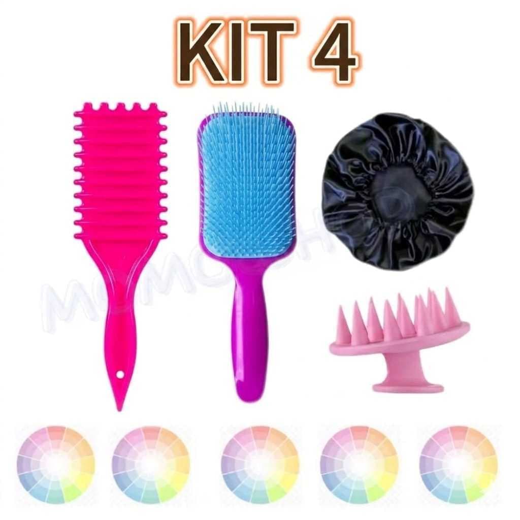 Kit Escova Raquete, Ondas, Massageadora e Touca de Cetim
