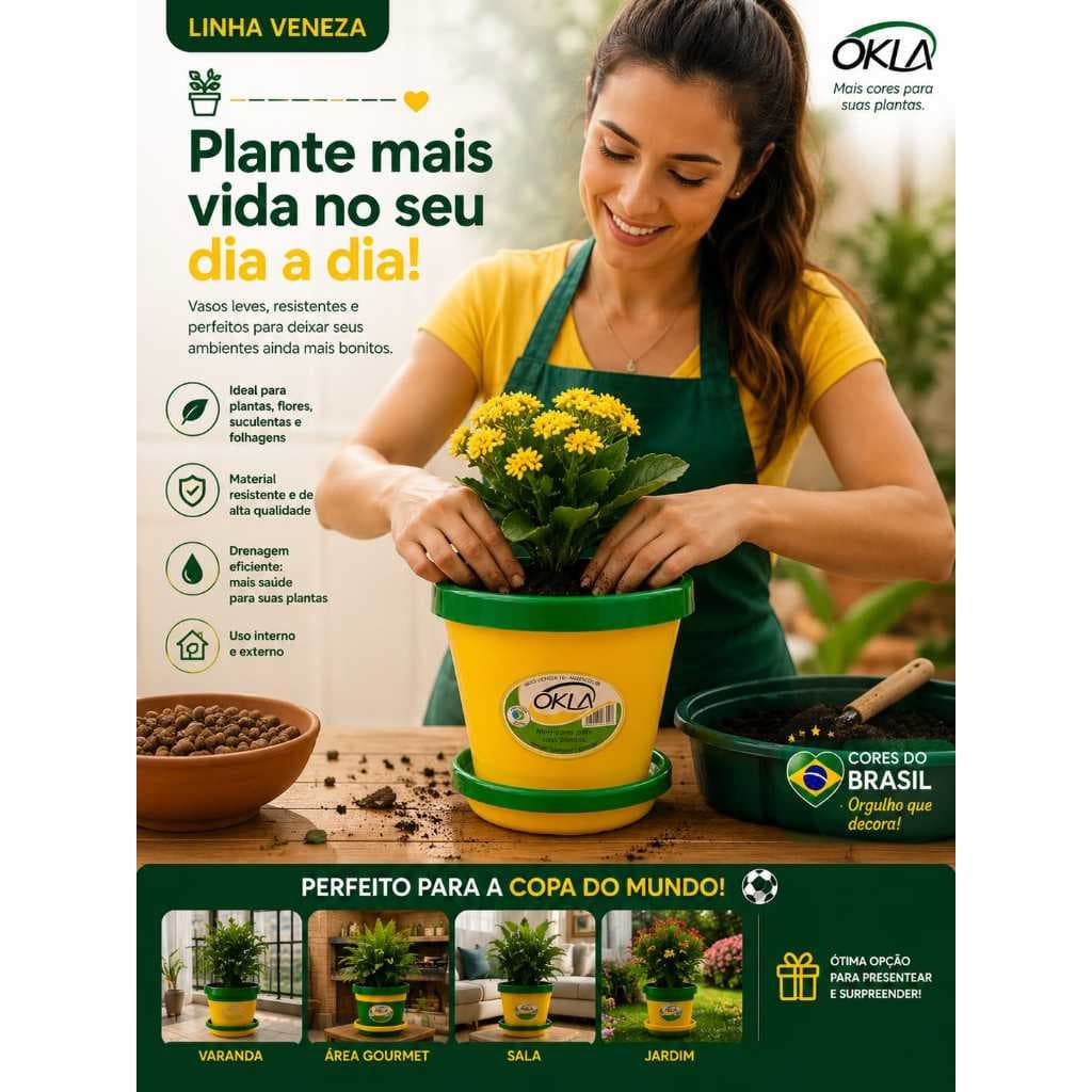 Vaso Decorativo Verde e Amarelo Brasil Copa do Mundo para Plantas com Prato Jardim Premium