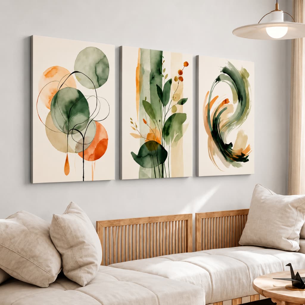 Kit 3 Quadros Decorativos Aquarela Verde Minimalista Moderno Sala Quarto MDF