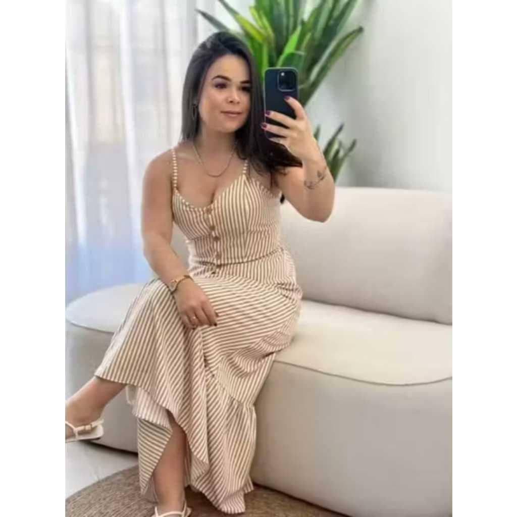 Vestido feminino MIDI listrado com botões FUNCIONAIS na frente, alcinha regulaveis MODA TENDENCIA DE TEMPORADA