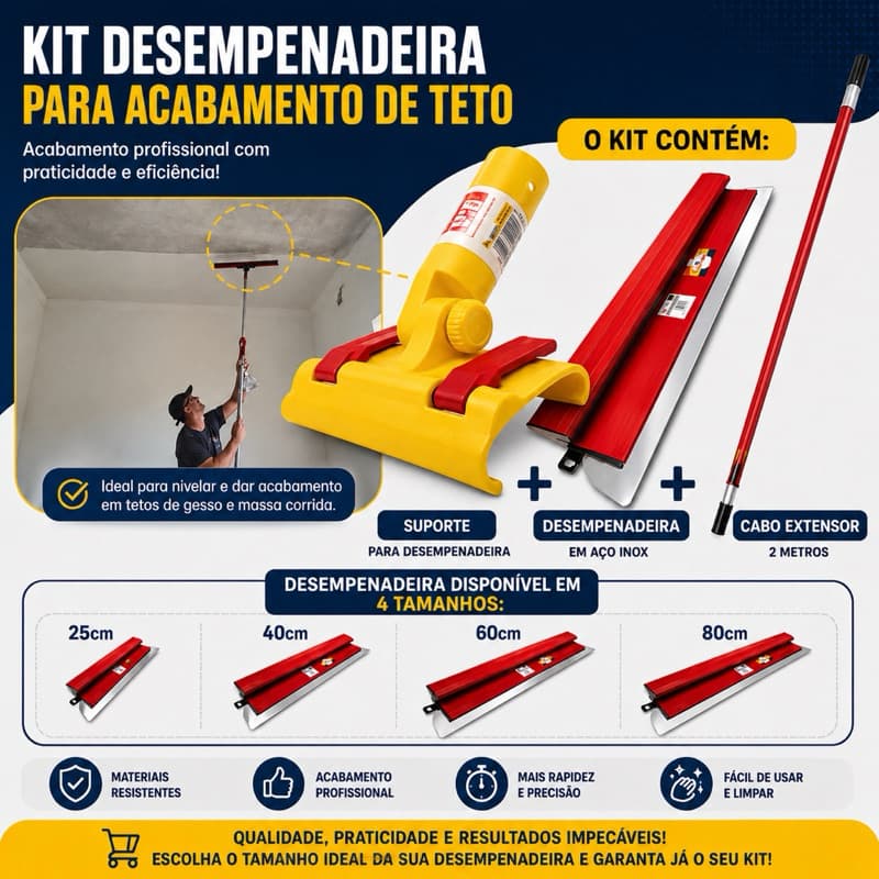 Kit Desempenadeira Lâmina Aço e Inox Flexível + Suporte Alongador + Extensor 2 Mts