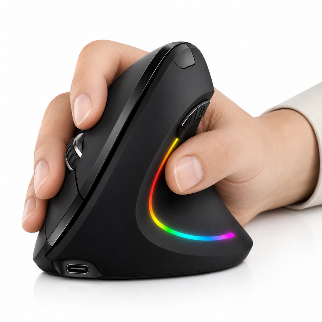 Mouse Vertical Sem Fio Bluetooth 2.4G Recarregável RGB Silencioso 2400DPI para Notebook e PC