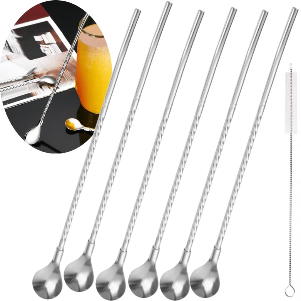 Kit 6 Canudos Colher Inox 22cm com Escova de Limpeza para Misturar Bebidas Sucos Drinks Reutilizável