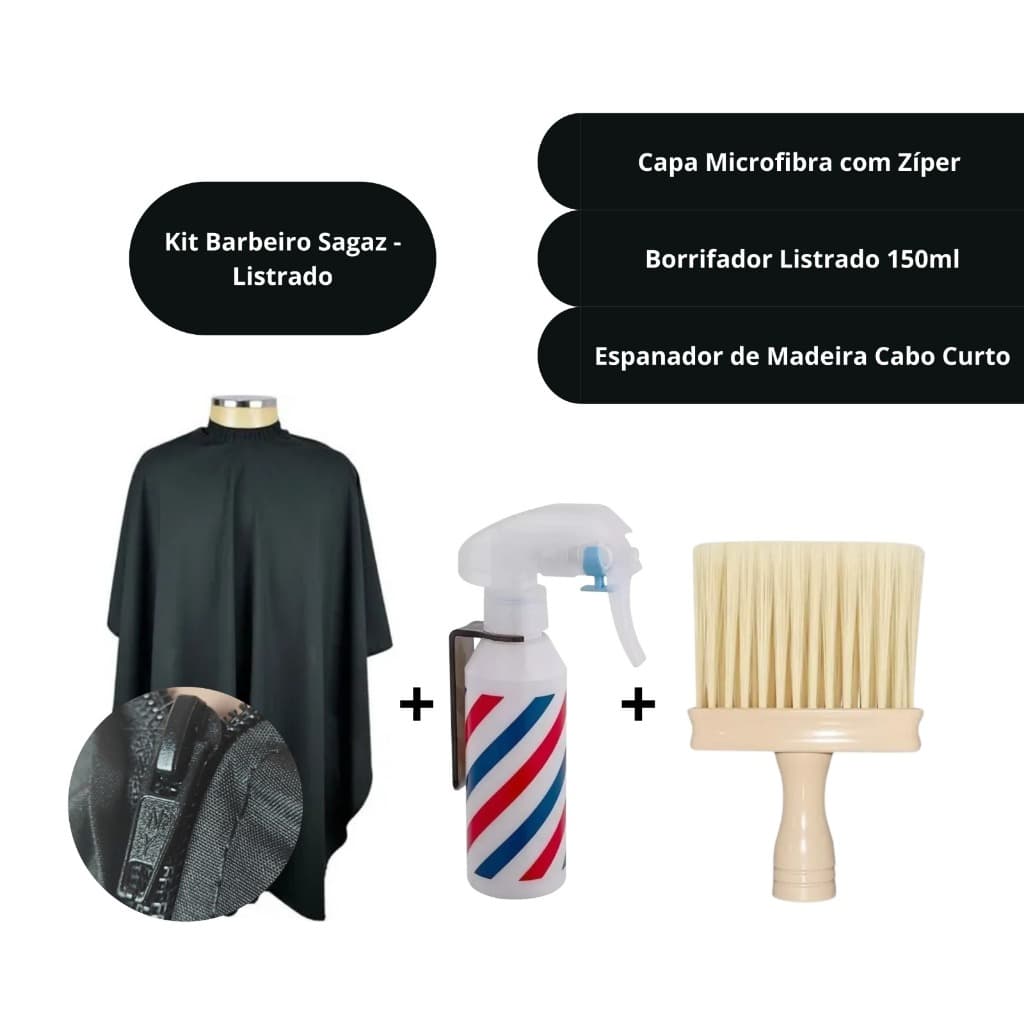 Kit Barbeiro Sagaz - Capa de Microfibra com Zíper + Borrifador Listrado 150ml + Espanador de Madeira