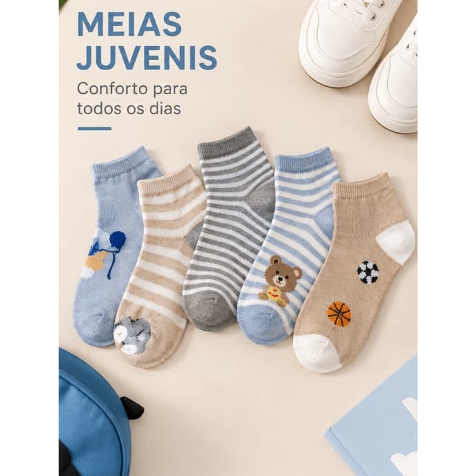 Kit 03/0/609/12 Pares Meias Juvenis 10-12 Anos Menino e Menina Cano Médio Estampadas Confortáveis
