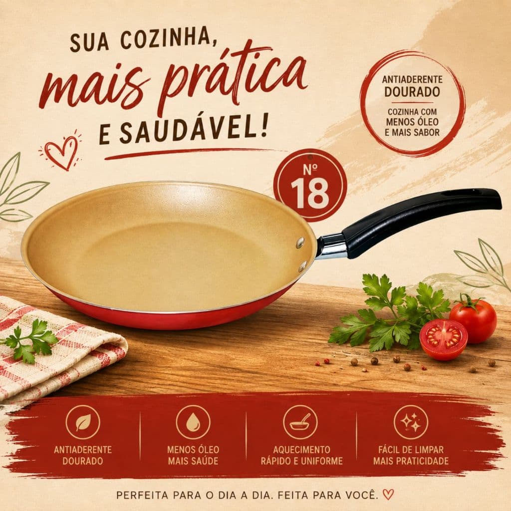 Frigideira Teflon Antiaderente Cereja com Interior Dourado