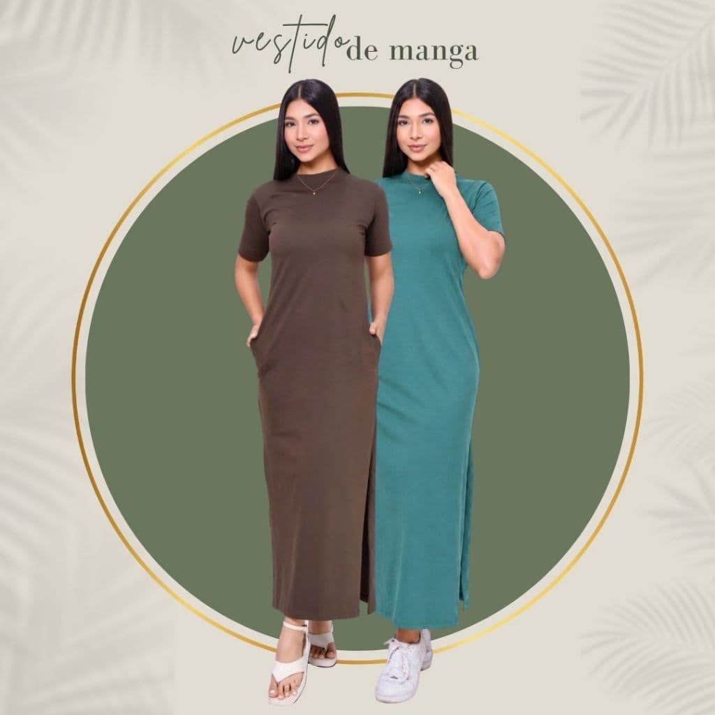 Kit 2 Vestido Longos de Algodão Feminino com Fendas Laterais, Manga Curta e Bolso Verdadeiro