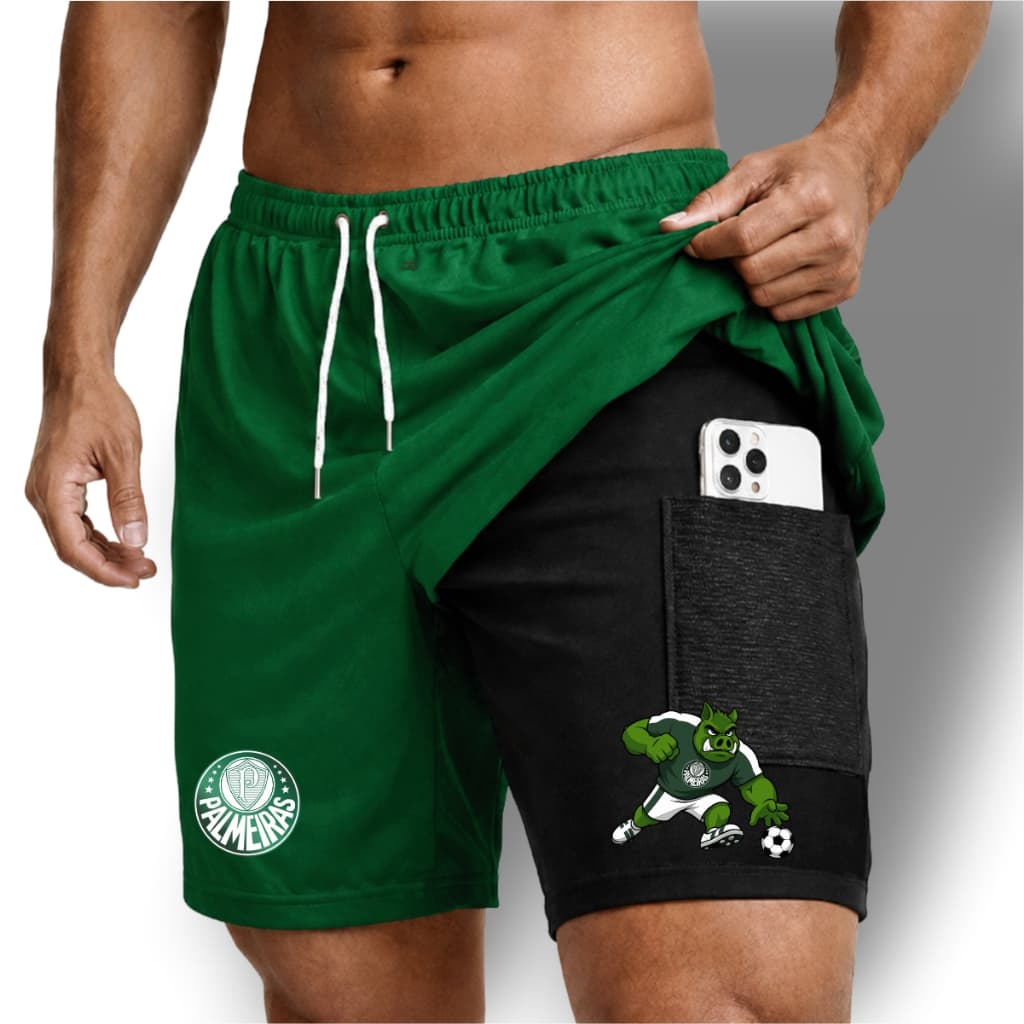 Bermuda Short Compressão 2 em 1 PORCO VERDE 01 Masculina Dry Fit + Elastano Leve para Academia Corridas