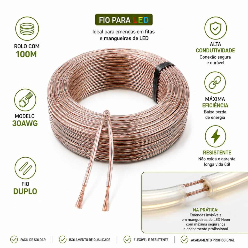 Cabo Paralelo Duplo Fio 30awg Rolo 100m Bicolor para LED e ou Áudio Automotivo e Instalações