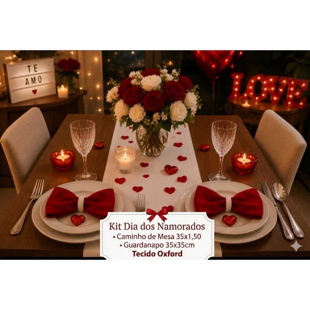Kit Mesa Posta Romântico Caminho De Mesa 1,50m 2 Guardanapos Argola Oxford Jantar Romantico 2 Lugares Decorativo