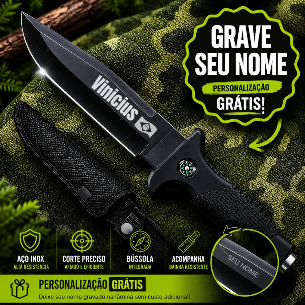 Faca com Nome Personalizado Cabo Emborrachado Preto