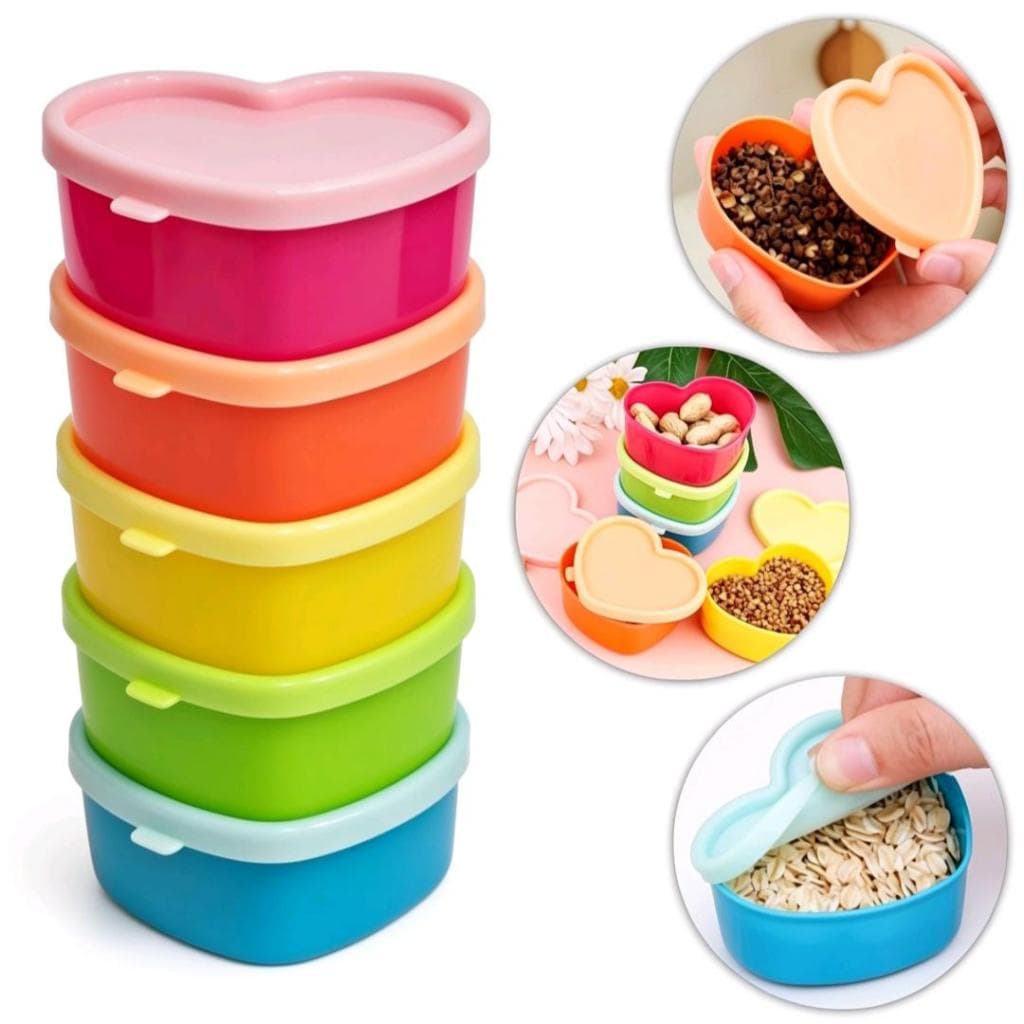 Kit 5 Mini Potes Coração 80ml Plástico Livre de BPA Lancheira Marmita