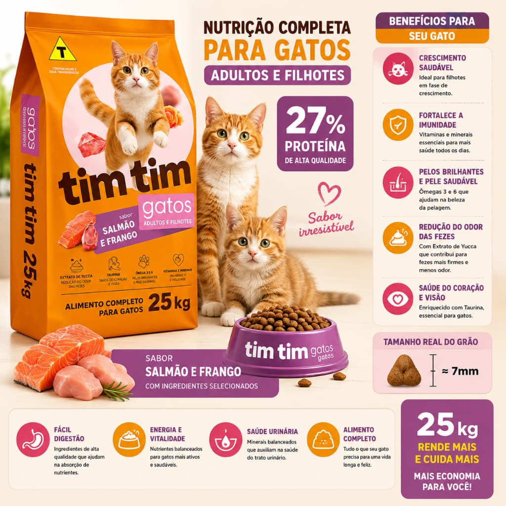 Ração Para Gatos Filhotes e Adulto 25kg Tim Tim Cat Sabor Carne Salmão Frango 27% Proteína