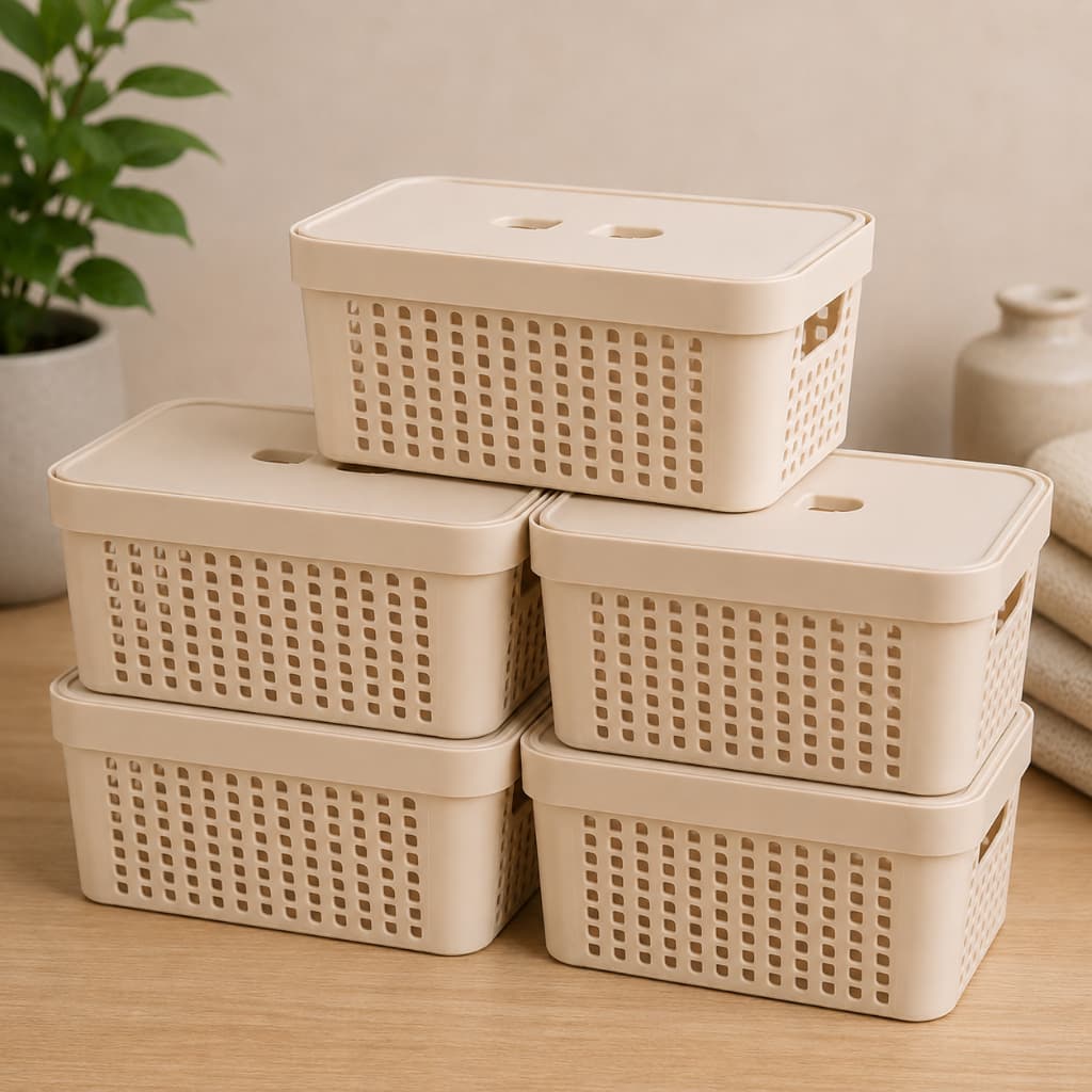 Kit Caixa Organizadora 2L Bege Tampa Cesto Organizador Multiuso Plástico Banheiro Cozinha com 2, 3, 4 e 5 unidades