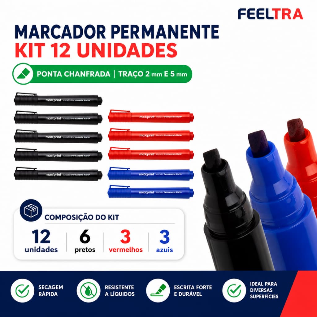 Kit 12 Marcador Permanente Maxprint 3 Cores Canetão Vermelho Azul Preto Ponta Chanfrada 5mm