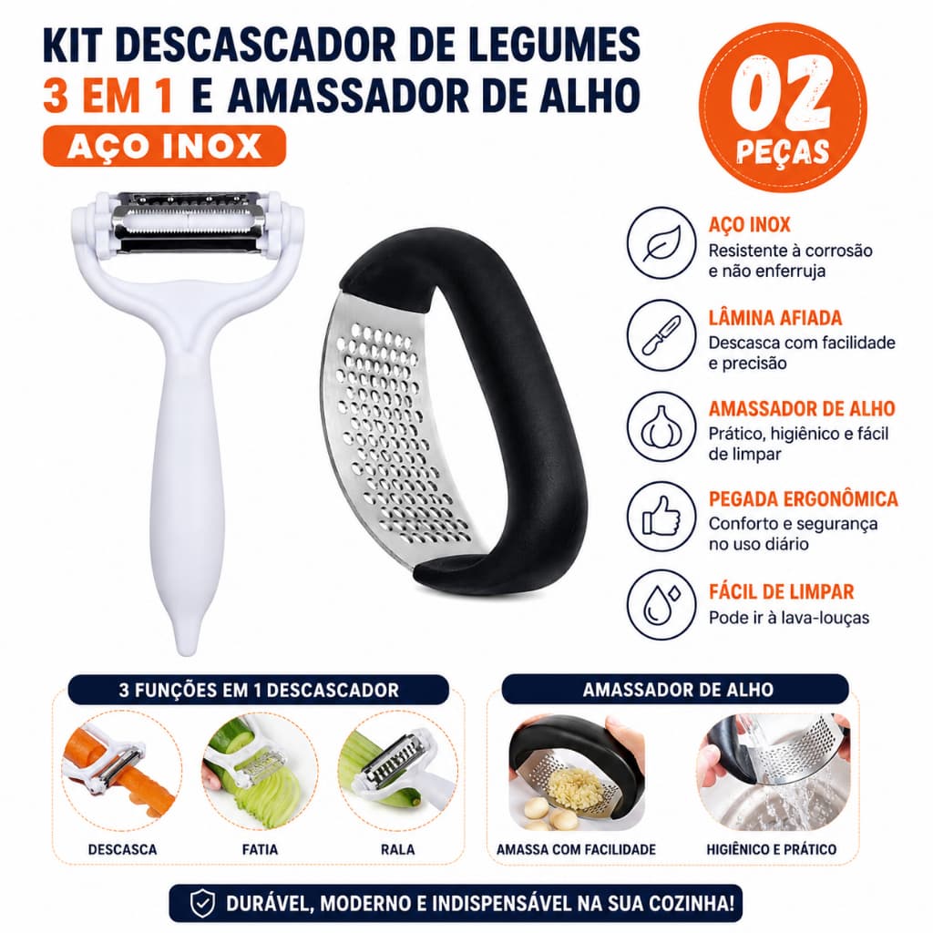 KIT CONJUNTO 02 PEÇAS DESCASCADOR DE LEGUMES 3 EM 1 PREMIUM E AMASSADOR TRITURADOR DE ALHO AÇO INOX COZINHA RESTAURANTE
