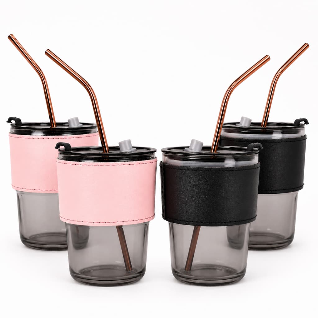 Copo De Vidro Com Canudo E Tampa Hermética 380ml Coldre Couro Moderno Aesthetic Cult Premium Com Vedação