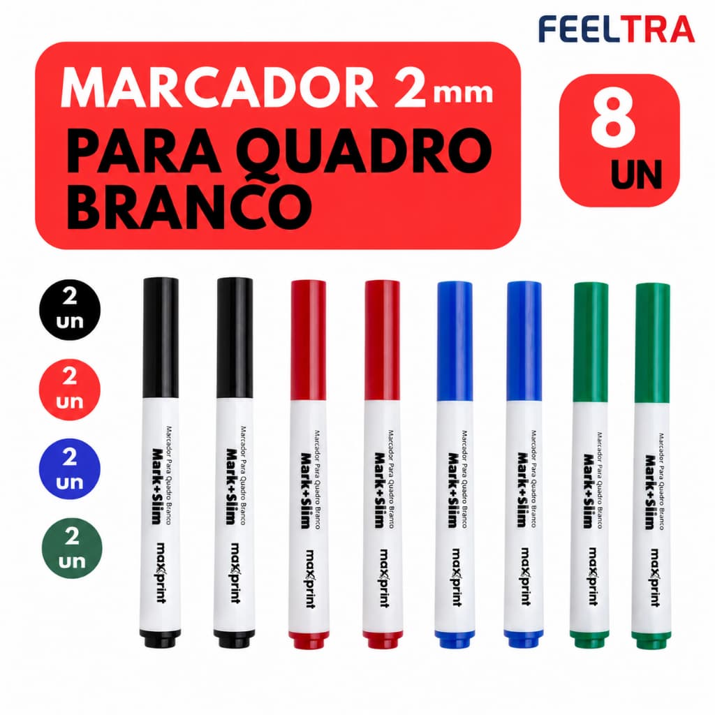 Marcador Quadro Branco Empresa Escola Escritório 8 Unidades 4 Cores Vermelho Azul Verde e Preto 2mm