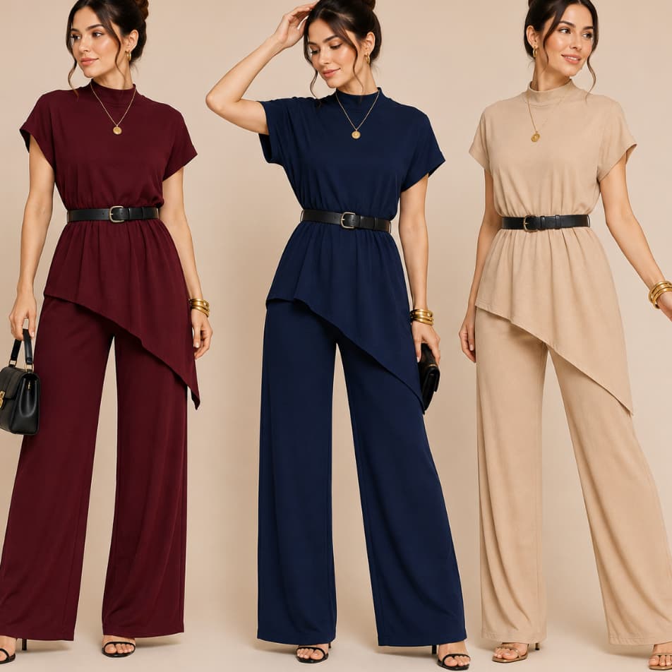 Conjunto Femenino Calça Pantalona Blusa Asimetrica Tecido Anarruga Confortavel Veste de 36 ao 48