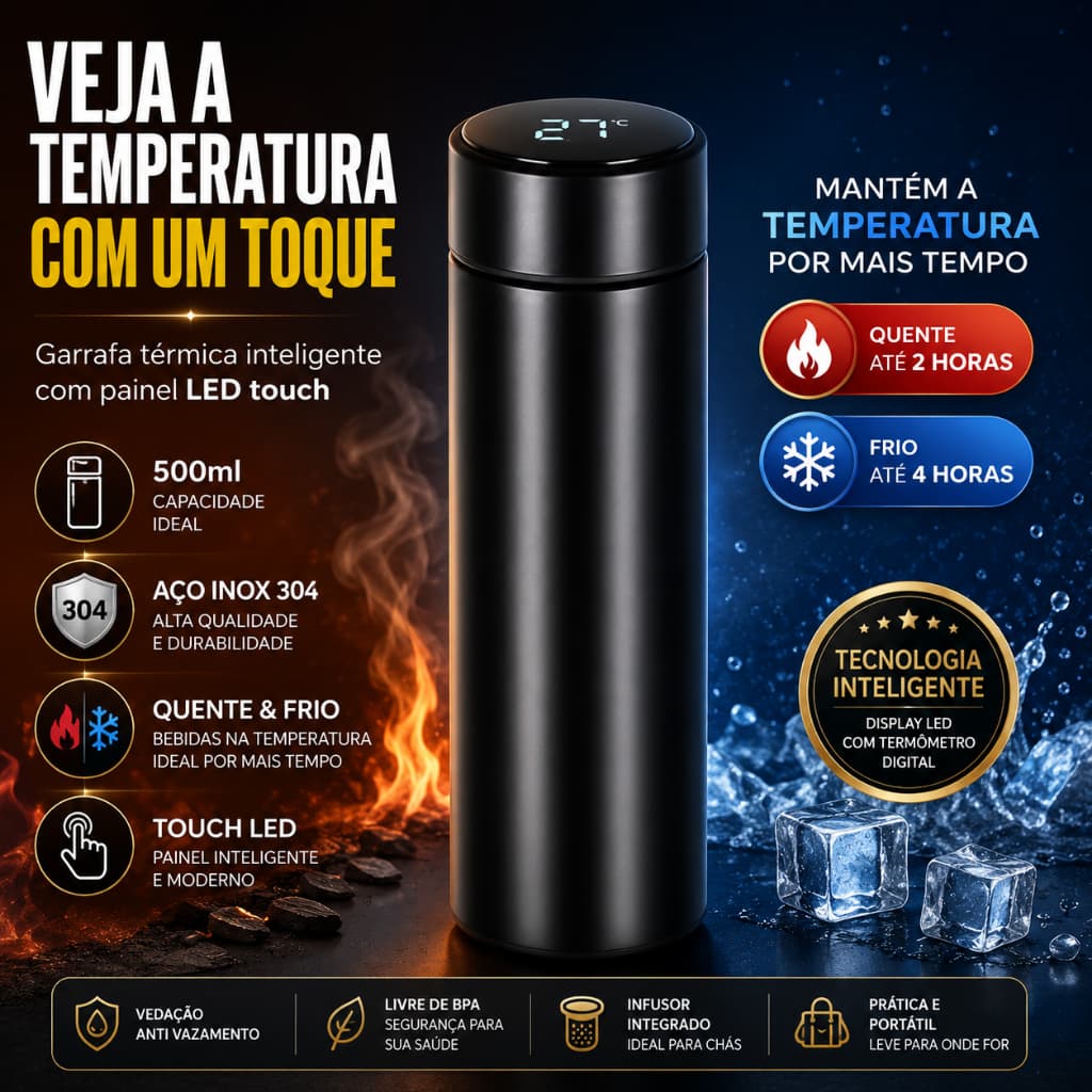 Personalizado - Garrafa Térmica com LED e Termômetro (500ml) - Preto