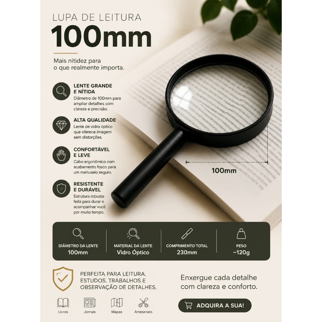 Lupa de Aumento 100mm Profissional Alta Definição Leitura Joias Mapas