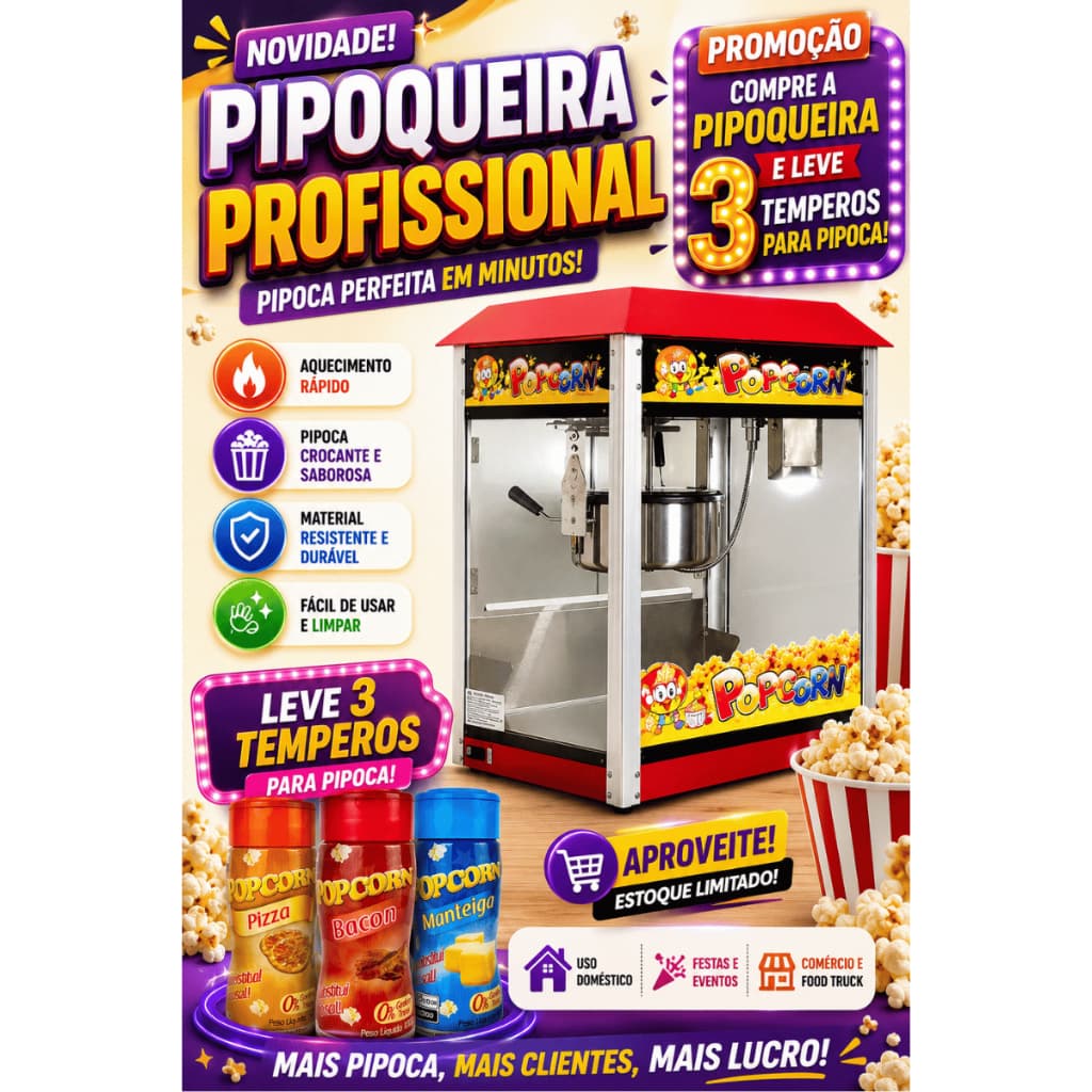 PIPOQUEIRA PROFISSIONAL ELÉTRICA -PIPOCA PERFEITA EM MINUTOS + KIT COM 3 TEMPEROS EXCLUSIVOS!