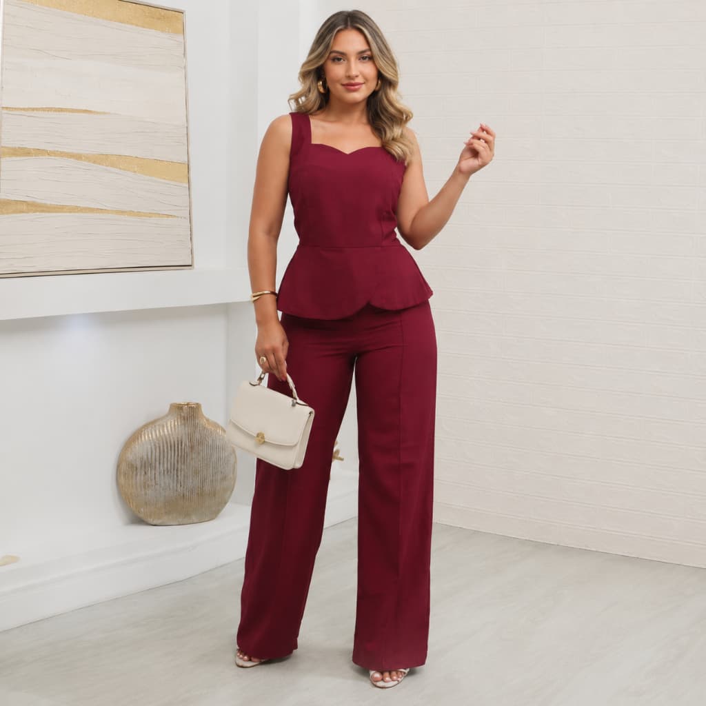 Conjunto Feminino Alfaiataria Sensorial Marrant Blusa Peplum com Babado e Calça Pantalona