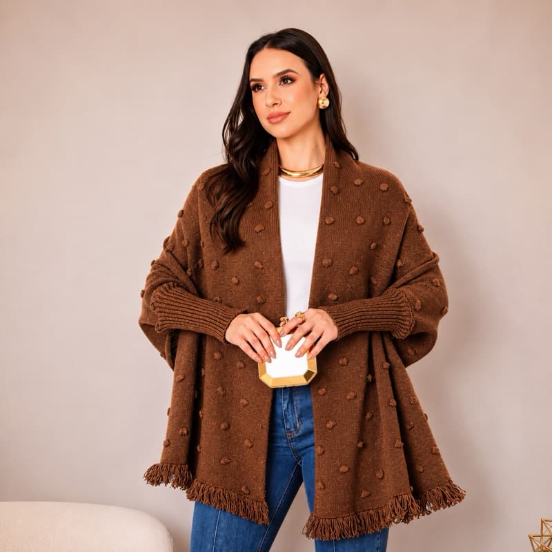Capa Poncho Casual Tricot Feminino Franjas Manga Longa Outono Inverno Plus Size Echarpe de Tricot