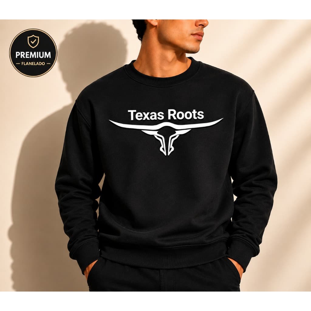 Moletom Sem Capuz Estampa Texas Roots Blusa de Frio Flanelado Com Punho Masculino Feminina Gola Redonda