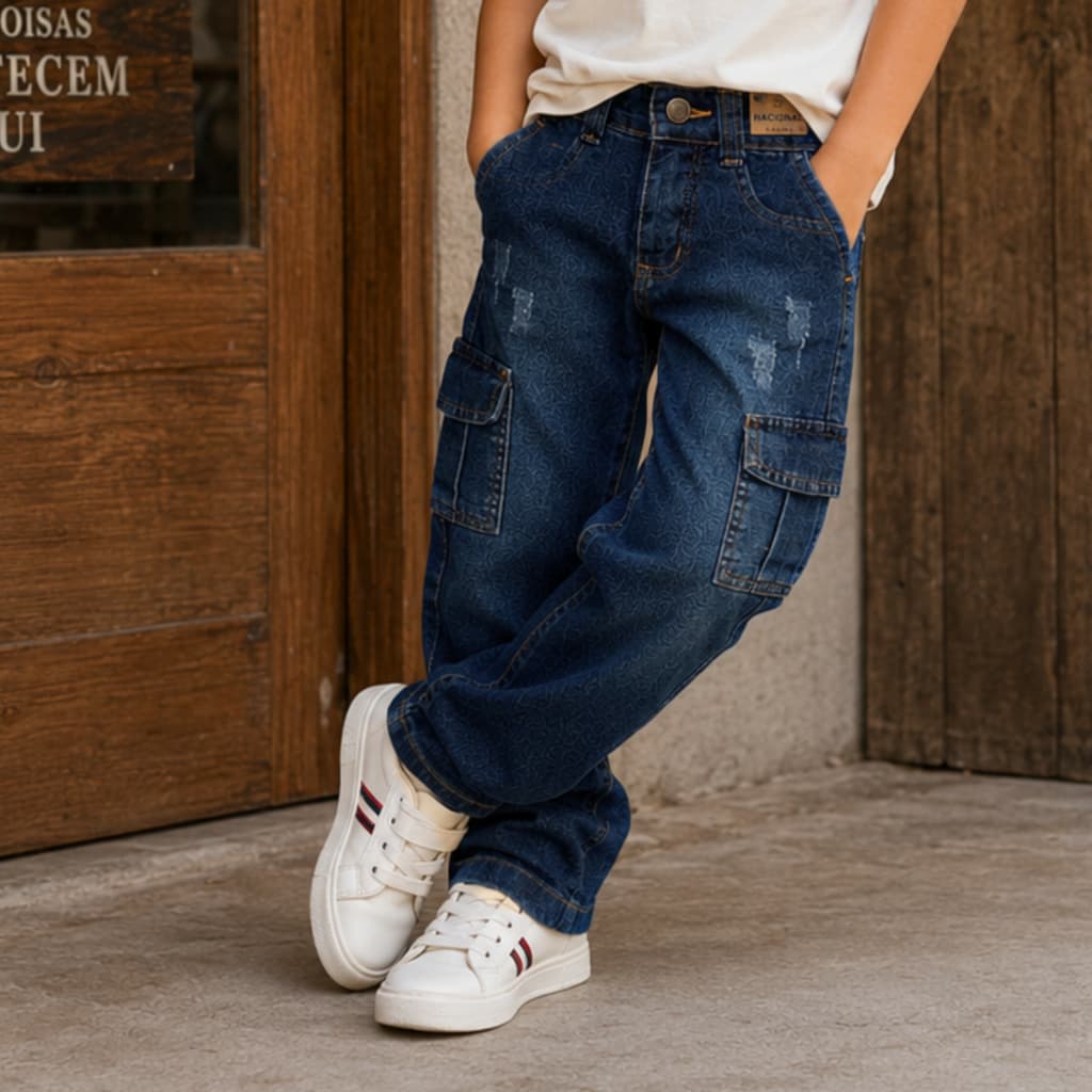 Calça Jeans Cargo Infantil Masculina Menino 4 ao 8 Anos Com Elastano Regulador Interno Premium